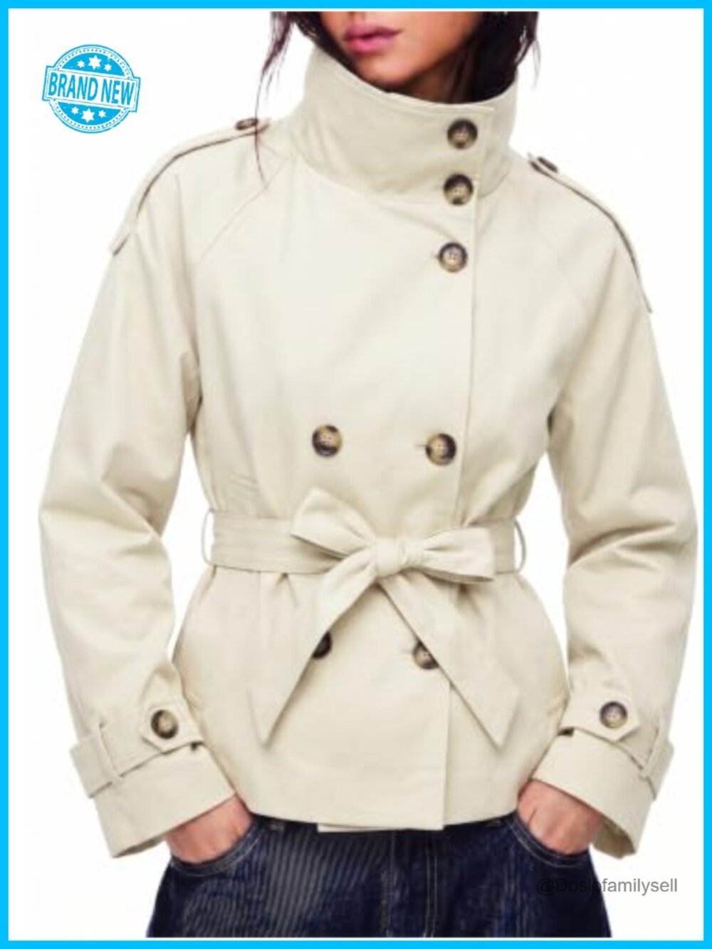 Cropped Trench Coat Double Breasted High Neck Polyester Blend